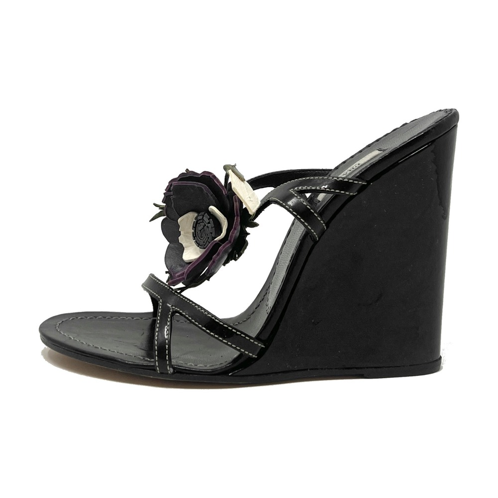 Prada Black‎ Patent Leather Floral Wedge Sandals Strappy Heels Made in Italy 37
